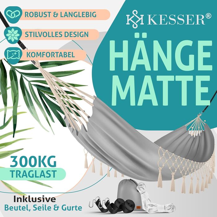 Гамак KESSER 320x150 см до 300 кг, водостійкий і дихаючий, з китицями, для 1-2 осіб, для кемпінгу, саду та відпочинку, сірий, у комплекті чохол, мотузки й ремені