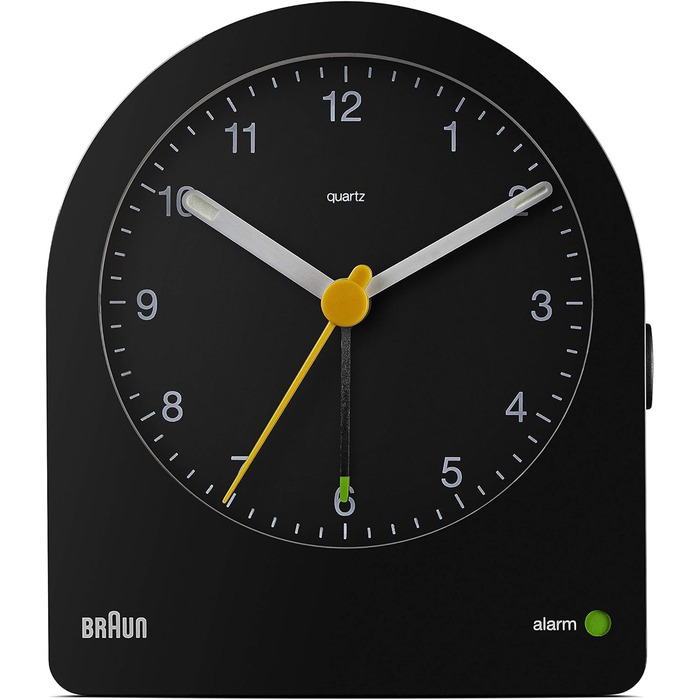 Braun Classic будильник аналоговий з підсвіткою, тихий кварцовий механізм, функція повтору, наростаючий сигнал, чорний, модель BC22B