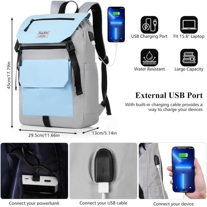Міський рюкзак YAMTION Rolltop 17 дюймів для жінок і чоловіків, шкільний рюкзак для підлітків, для ноутбука, велоспорту, подорожей, навчання, колір Sky