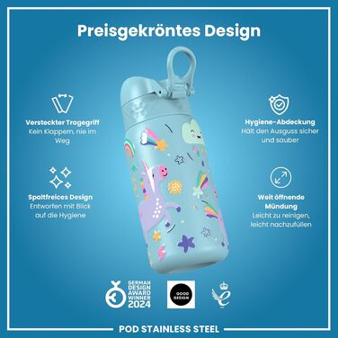 Дитяча термобутилка з нержавіючої сталі Ion8 320 мл, герметична, зручна кришка, легке очищення, малюнок Єдиноріг, колір синій (Evo, Alaska Blue)
