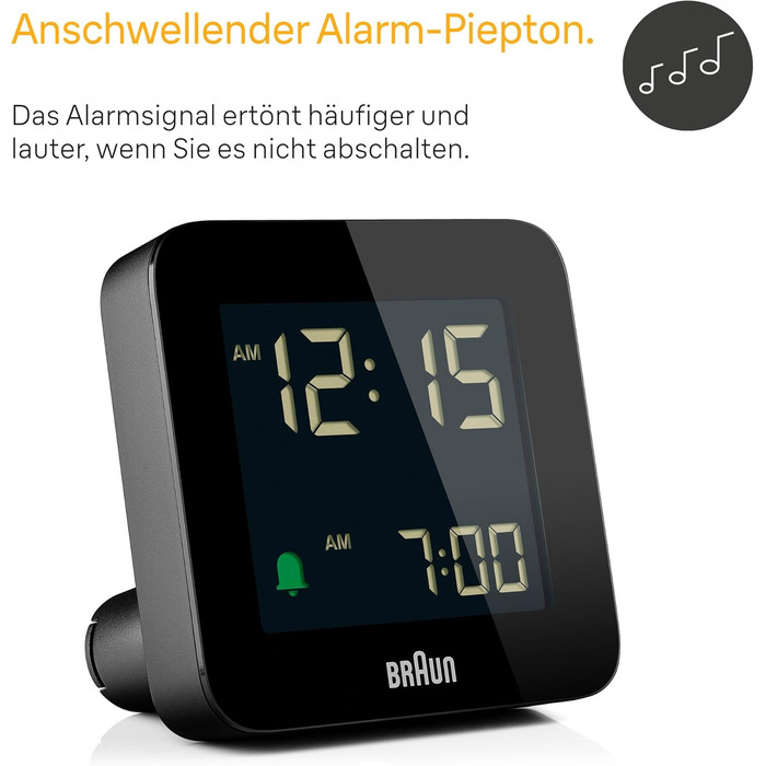 Цифровий будильник Braun BC09B з функцією сну, негативним LCD-дисплеєм, швидким налаштуванням і наростаючим сигналом, чорний