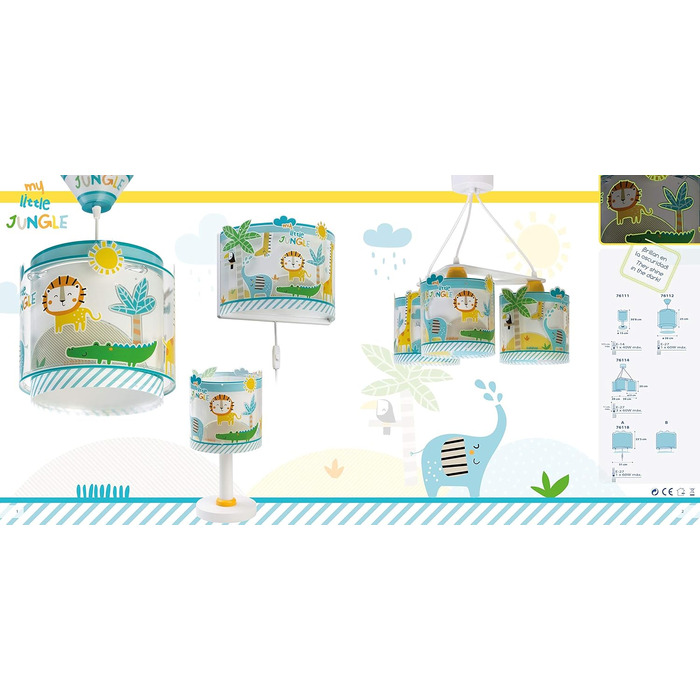 Підвісна лампа для дитячої кімнати Dalber My Little Jungle, 3 плафони, E27, різнокольорова, з малюнками тварин джунглів