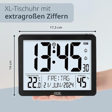ADE цифровий настільний годинник XL з великими цифрами, 2 будильники, підсвітка, термометр, гігрометр, тонка рамка, чорний