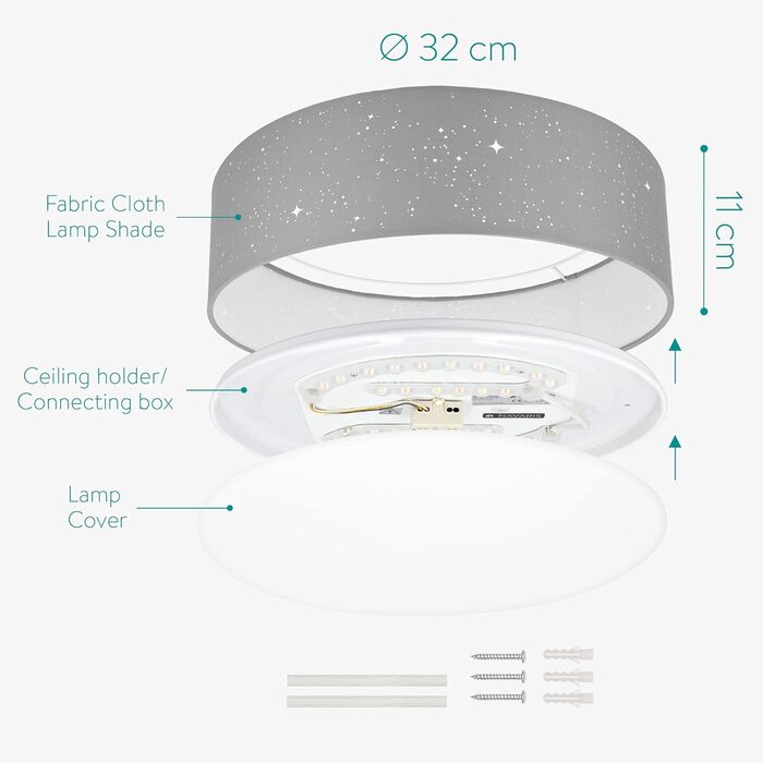 Navaris LED стельова лампа 22W, димована, зіркове небо, зміна колірної температури, з пультом, для вітальні, спальні, дитячої, діаметр 32 см, світло-сіра