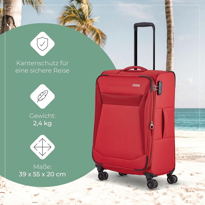 Велика валіза Travelite Chios L на 4 колесах, м'який корпус, з розширенням і захистом кутів, 78 см, 90-97 л, червона, стильний дорожній тролей