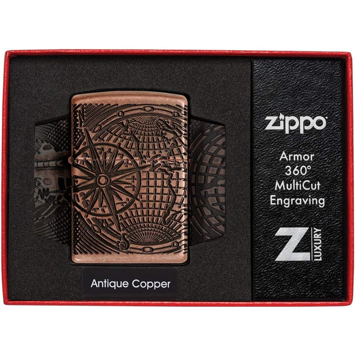 Бензинова запальничка Zippo 29853 з картою світу, антикварна мідь, заправна, у подарунковій коробці