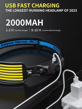 Суперяскрава налобна LED-лампа Smiling Shark, 6 світлодіодів, широкий кут, водонепроникна, акумуляторна, для кемпінгу, бігу, риболовлі