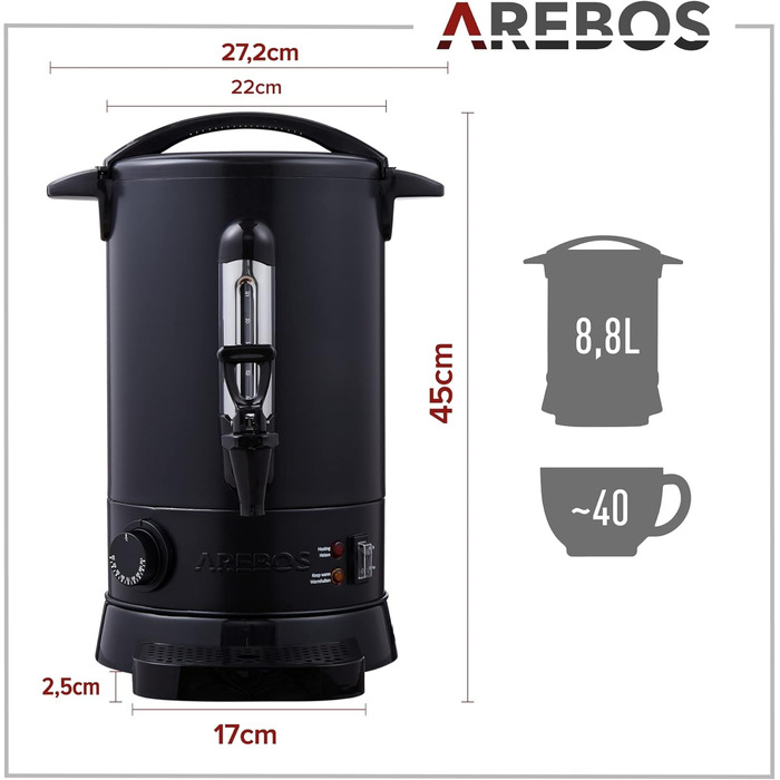 Електричний диспенсер для глінтвейну Arebos 8,8 л, 950 Вт, чорний, з піддоном, краном, термостатом і захистом від перегріву, температурний діапазон 30-110°C