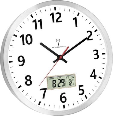 Настінний годинник Foxtop, радіокерований, аналоговий, 30 см, з LCD-дисплеєм температури і дати, сріблястий, для кухні та вітальні