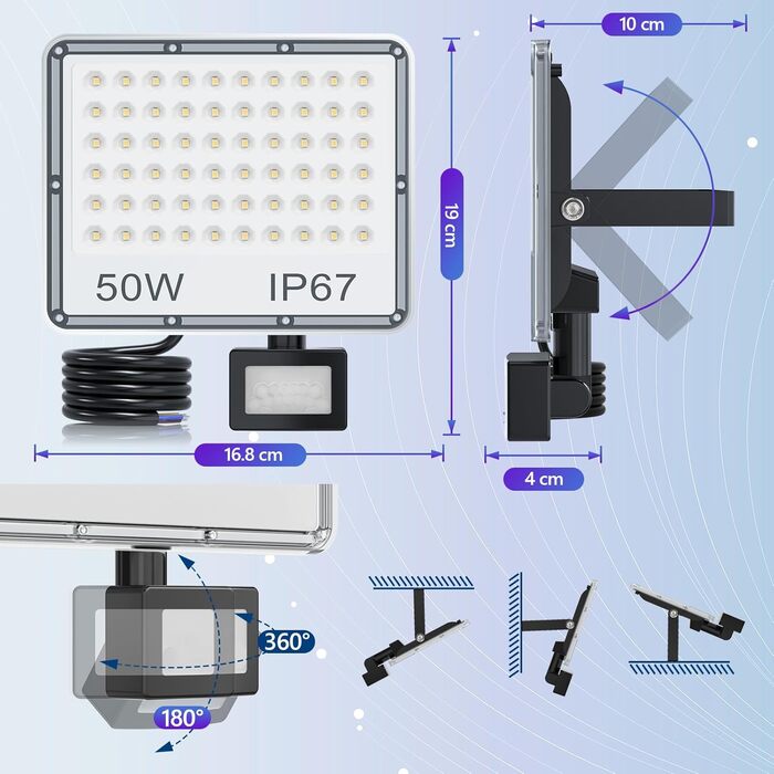 LED прожектор з датчиком руху для вулиці 50 Вт, 5000 Лм, холодне біле світло 7000K, IP67, водонепроникний, комплект 2 шт. для складу, саду, гаражу