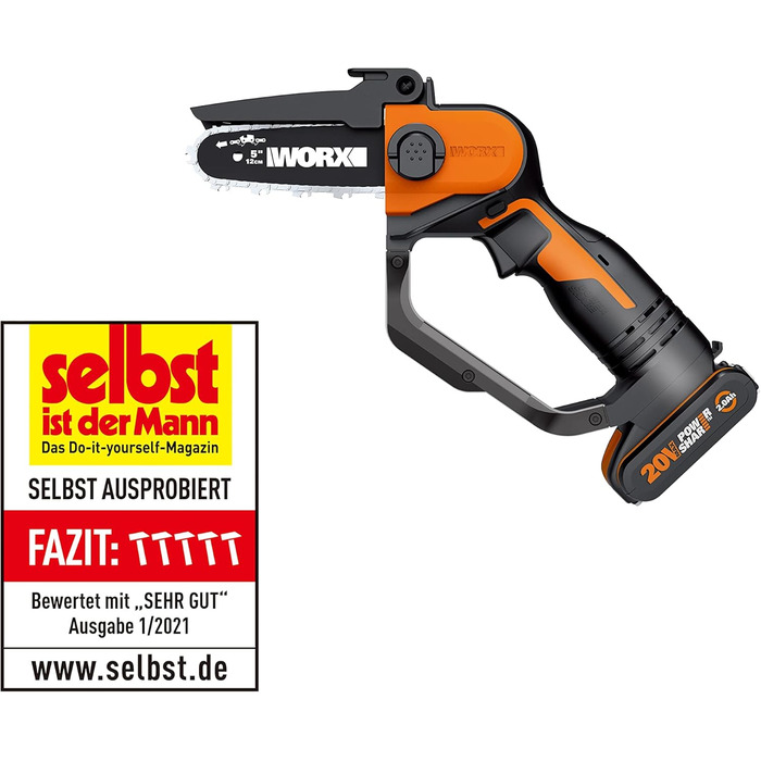 Акумуляторна одноручна ланцюгова пила WORX WG324E 20В, 12 см, з акумулятором і зарядкою, PowerShare