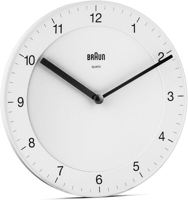 Настінний годинник Braun BC06W, класичний, аналоговий, кварцовий механізм, тихий хід, білий циферблат, 20 см