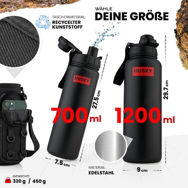 Термос пляшка з нержавіючої сталі 700 мл, BPA-free, герметична, для спорту та подорожей, подвійні стінки, чорна, із безкоштовною сумкою, підходить для посудомийки