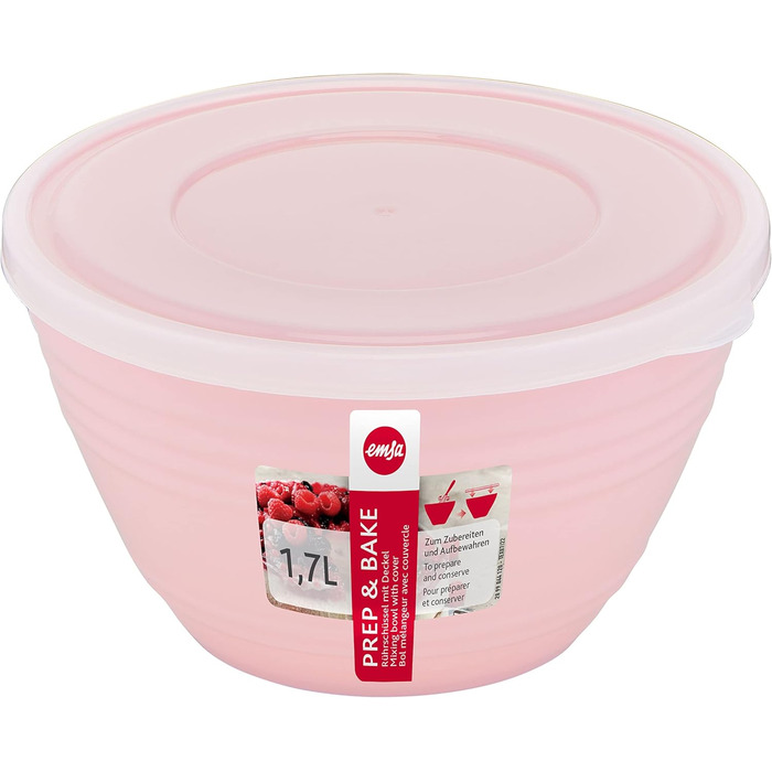 Миска для змішування Emsa Prep&Bake 1,7 л, пластикова, з кришкою, рожевого кольору, для зберігання у холодильнику, нековзне дно, стійка, можна мити в посудомийній машині