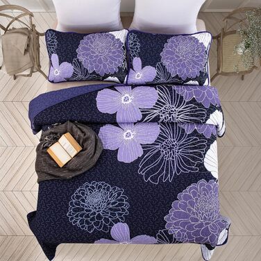 Покривало WONGS BEDDING 220x240 см, лілове, квітковий принт, мікрофібра, літнє стьобане покривало для двоспального ліжка + 2 наволочки 50x75 см
