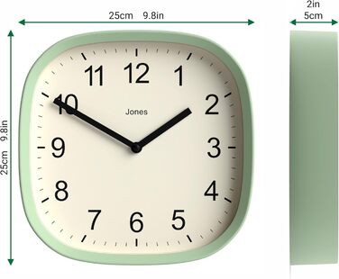 Квадратний ретро настінний годинник JONES CLOCKS Sprite, м'ятний, акрил, 25x25 см