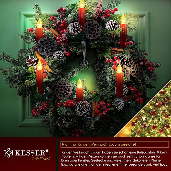 KESSER LED ялинкові свічки 30 шт., бездротові, різнокольорові, з пультом, таймером, мерехтінням, димміровані, з батарейками, кріплення, червоні