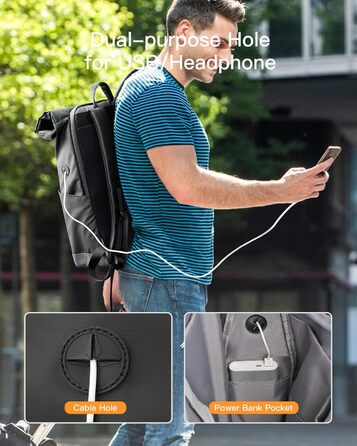 Рюкзак Inateck RollTop 25-30 л чорний, для чоловіків і жінок, міський, велосипедний, шкільний, для університету, роботи, спорту та подорожей, з відділенням для ноутбука 17