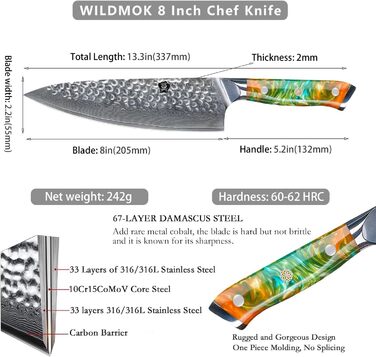 Кухонний ніж WILDMOK з дамаської сталі 67 шарів, лезо 20,8 см, повний хвостовик, ручка з епоксидної смоли