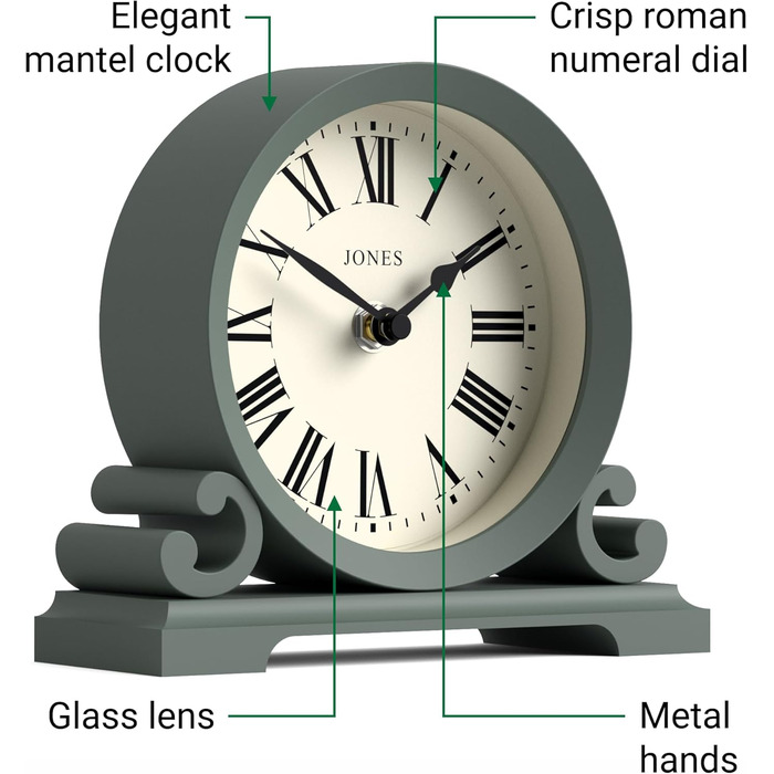 Настільний годинник JONES CLOCKS Saloon, класичний стиль, римські цифри, подвійний скрол, для столу, полиці чи тумбочки, зелений