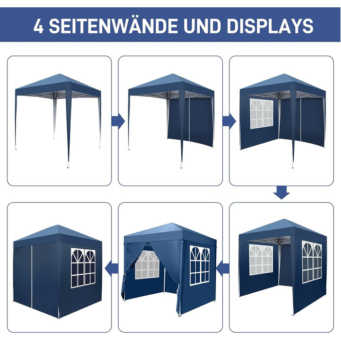 Павільйон 2x2 м Pop-up, водонепроникний, вітростійкий, складаний, з УФ-захистом 50+, регульована висота, 4 стінки, для вулиці, саду, вечірок, кемпінгу, темно-сірий (синій, 4 стінки)