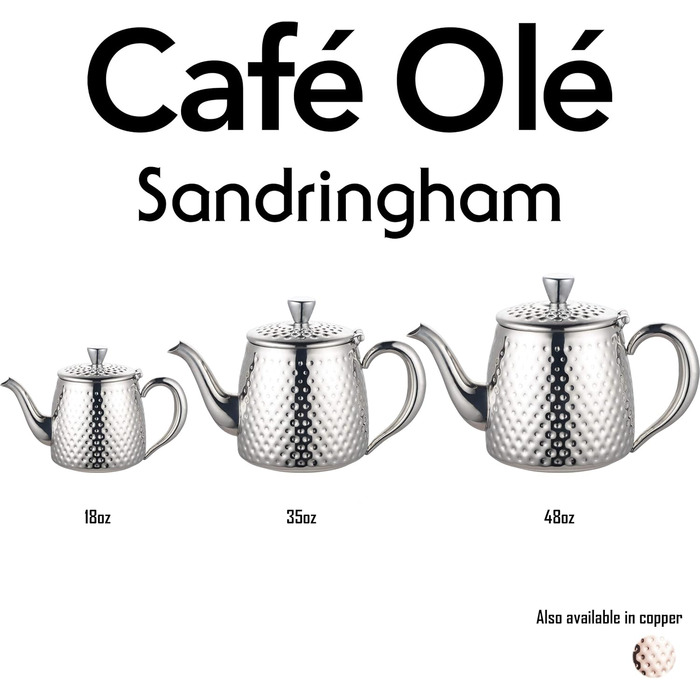 Чайник Café Olé Sandringham із нержавіючої сталі 18/10, 0.5 л, глянцевий, з хаммер-ефектом, не капає, порожнисті ручки