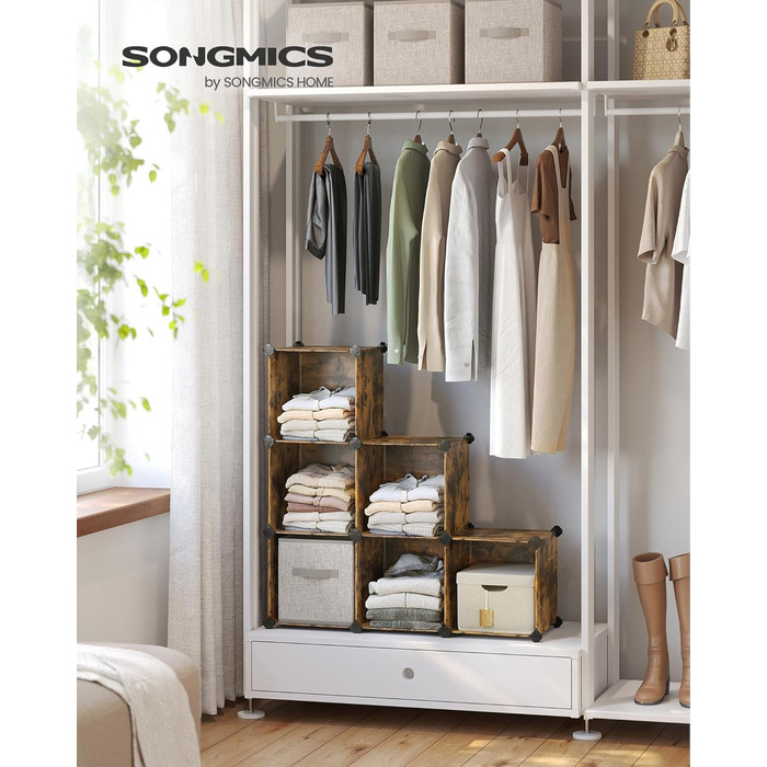 SONGMICS модульний стелаж для взуття та одягу, 16 кубиків, пластиковий, DIY, для спальні та офісу, 31 x 123 x 123 см, LPC442A01, вінтажний коричневий