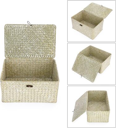 Плетений кошик для зберігання з кришкою з морської трави 36x24x18 см, прямокутний органайзер для ванної, декору та полиці, колір білений
