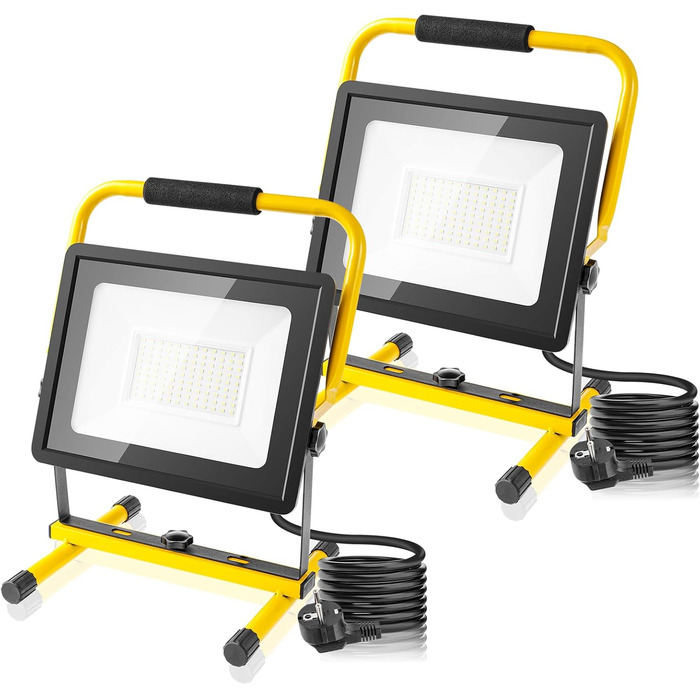 Набір з 2 LED прожекторів wowspeed 100W 10000Лм, холодне біле світло 6500K, водонепроникні (IP66) будівельні лампи зі шнуром 3м і штекером для майстерні та будівництва
