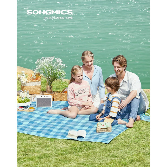 Пікнік-ковдра SONGMICS 200x200 см, водонепроникна, складна, з 4 кілочками, для парку, саду, пляжу, зелено-синя