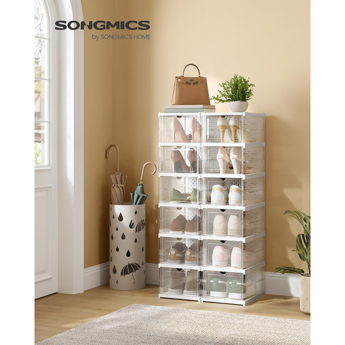 SONGMICS шафа для взуття, набір з 18 прозорих коробок, складний органайзер для взуття до 46 розміру, швидке складання, прозоро-білий
