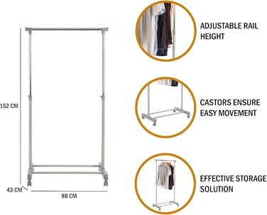 Преміум вішак для одягу на колесах Premier Housewares, хром, пластик, сірий, 43x80x152 см