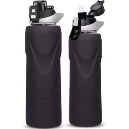 Скляна пляшка для води 1 л з трубочкою, боросилікатне скло, BPA-free, з силіконовим чохлом, чорна