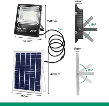 Світлодіодний прожектор Aigostar 200W із сонячною панеллю, холодне біле світло 6500K, IP66, для вулиці, саду, двору, гаража