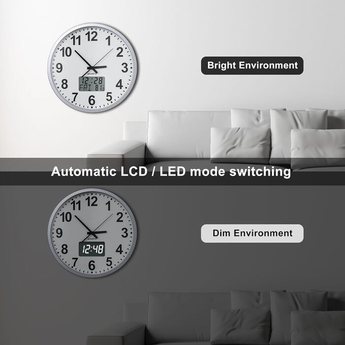 Сучасний настінний годинник KWANWA без тикань, цифровий LED/LCD дисплей, календар, термометр, на батарейках, 30,5 см, 12-годинний формат, для кухні, спальні, офісу, сріблясто-білий