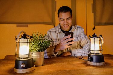 LED акумуляторний кемпінговий ліхтар Brennenstuhl CAL 1, 350 лм, IP44, до 75 годин роботи, регулювання яскравості і кольору, USB зарядка, з мотузкою з коноплі та основою з бамбука