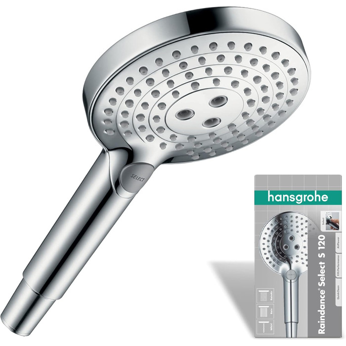 Душова лійка hansgrohe Raindance Select S EcoSmart 9 л/хв, 3 режими, антикальц, кругла (120 мм), з шлангом, хром