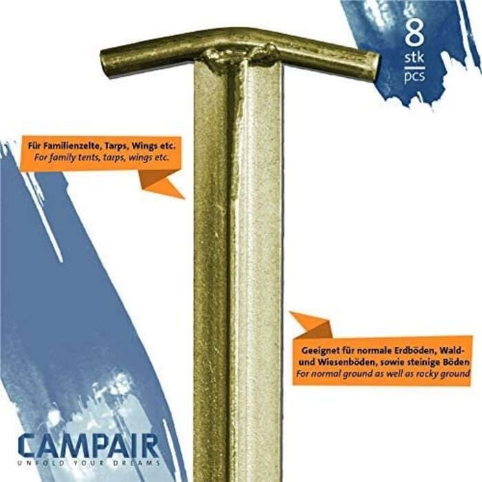 Кілочки для намету CampAir T-профіль, оцинкована сталь, набір 8 шт.