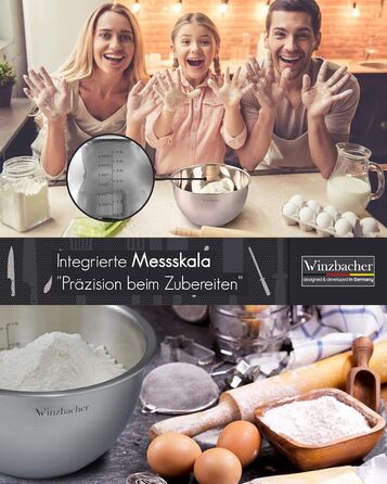 Набір мисок з нержавіючої сталі Winzbacher 4 шт (1 л, 1.5 л, 2.5 л, 3.5 л), з мірною шкалою, для салатів і змішування, підходять для посудомийної машини, штабельовані, внутрішня поліровка, зовнішня шліфовка