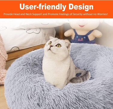 Лежак для собак і котів fireowl Donut, круглий, пухнастий, 80×80×20 см, антистрес, плюшевий, для цуценят і кошенят, світло-сірий, машинне прання