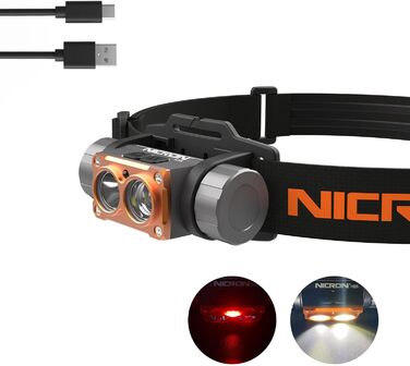 Ліхтарик налобний NICRON H25, LED, червоне світло, USB, 500 люмен, IP67, водонепроникний, для риболовлі, туризму, археології