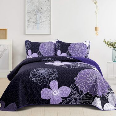 Покривало WONGS BEDDING 220x240 см, лілове, квітковий принт, мікрофібра, літнє стьобане покривало для двоспального ліжка + 2 наволочки 50x75 см