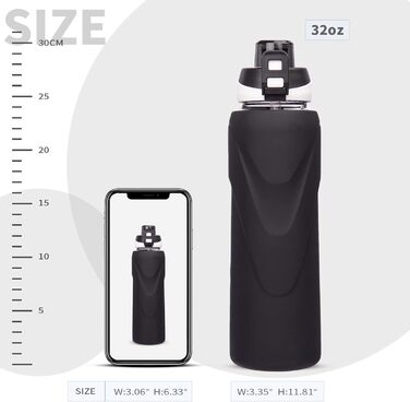 Скляна пляшка для води 1 л з трубочкою, боросилікатне скло, BPA-free, з силіконовим чохлом, чорна
