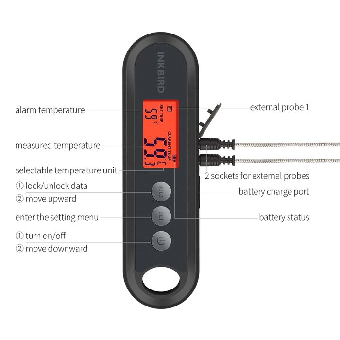 Цифровий кулінарний термометр Inkbird IHT-2XP, USB-зарядка, водостійкий IPX5, з LCD-дисплеєм та 2 зовнішніми зондами для м'яса, гриля, кухні та BBQ