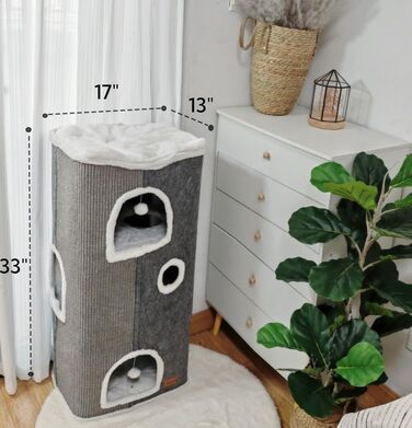 Spindro Котяча хатинка-ліжко велика, будиночок для котів для дому з м'якою подушкою Sherpa та підвішеною іграшкою, світло-сірий, 42x42x33 см, 4-рівнева, 42x32x84 см