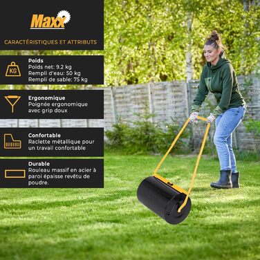 Каткова для газону MaxxGarden, наповнювана піском або водою, 50 л, 50×32 см, для вирівнювання ґрунту та насіння, чорна/жовта