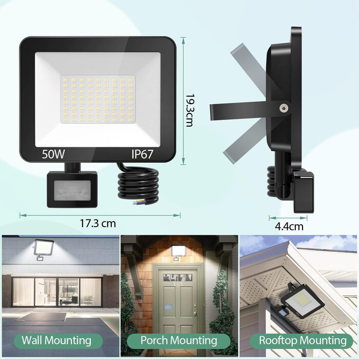 LED прожектор 50W з датчиком руху, IP67, 5000Лм, 7000K, набір 2 шт, водонепроникний вуличний прожектор для двору, саду, гаража, входу, холодне світло