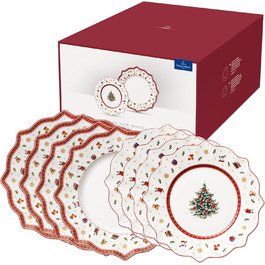 Villeroy & Boch Toy's Delight – набір тарілок 8 шт., порцеляна, святковий набір для різдвяного столу, обідні та сніданкові тарілки з новорічним малюнком, сервіз на 8 персон