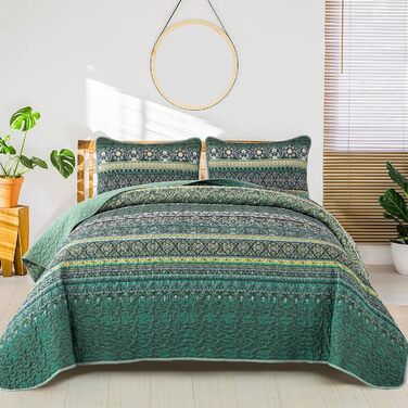 Покривало WONGS BEDDING 220x240 см, стьобане, комплект 3 шт. для двоспального ліжка, мікрофібра, у стилі бохо, темно-зелене, з 2 наволочками 50x70 см, для спальні чи дивану