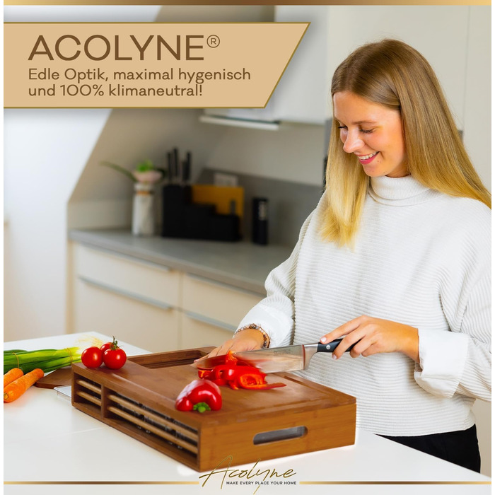 Дошка для нарізання Acolyne XXL з піддоном, карбонізований бамбук, 4 насадки для чищення, кришка, багатофункціональний кухонний набір
